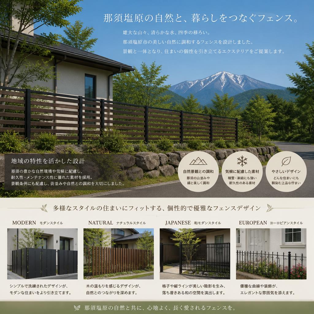 那須塩原市の風景に溶け込むフェンス